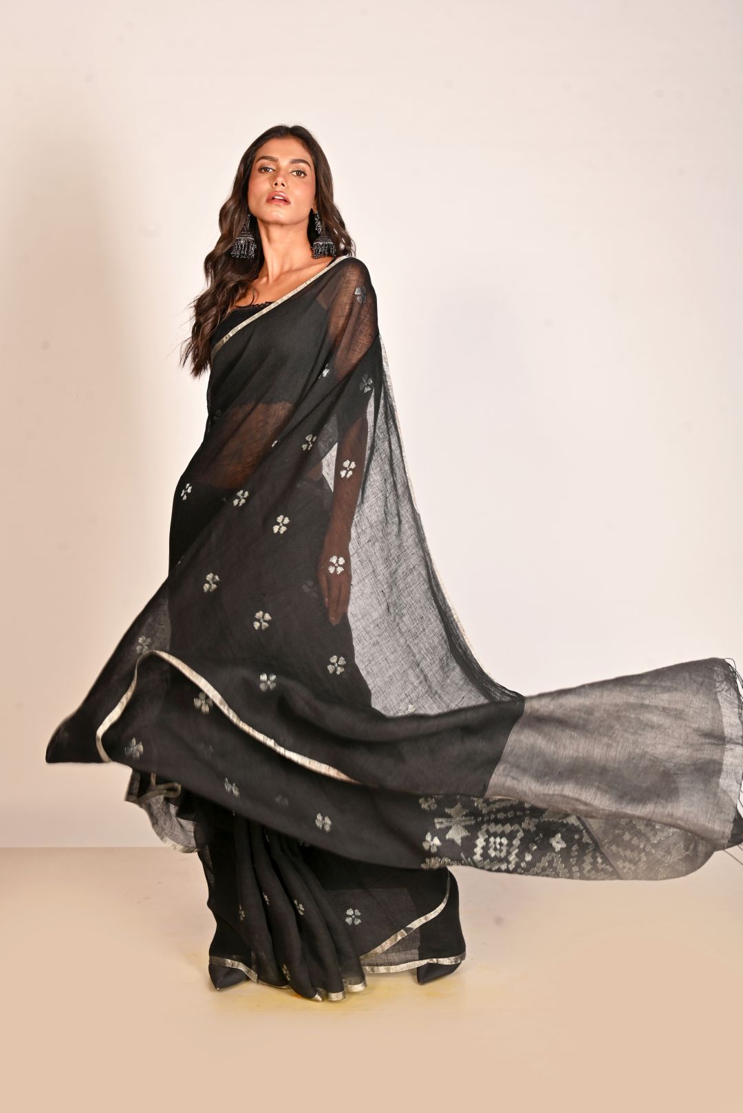 Black Pure Linen Jamdani Handloom Saree