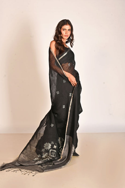 Black Pure Linen Jamdani Handloom Saree