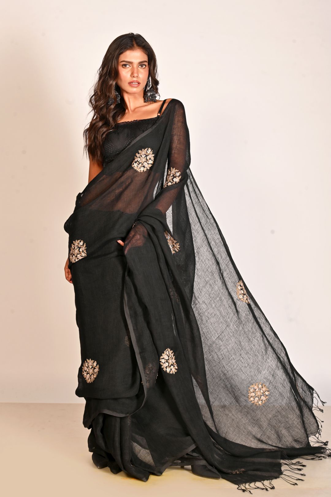 Black Pure Linen Embroidery Handloom Saree