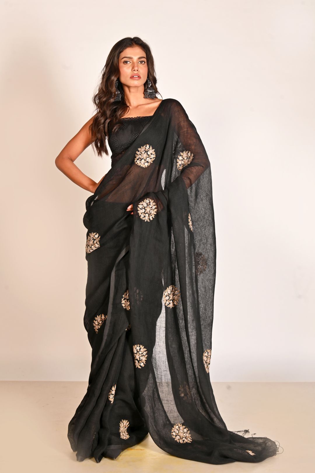 Black Pure Linen Embroidery Handloom Saree