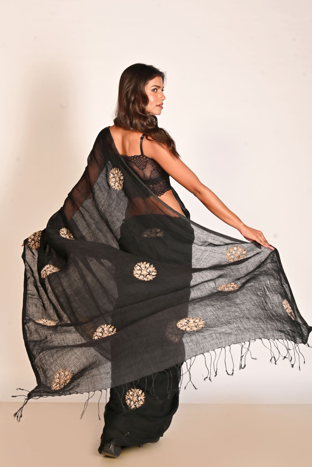 Black Pure Linen Embroidery Handloom Saree