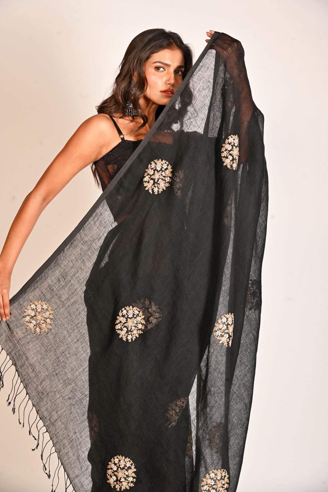 Black Pure Linen Embroidery Handloom Saree