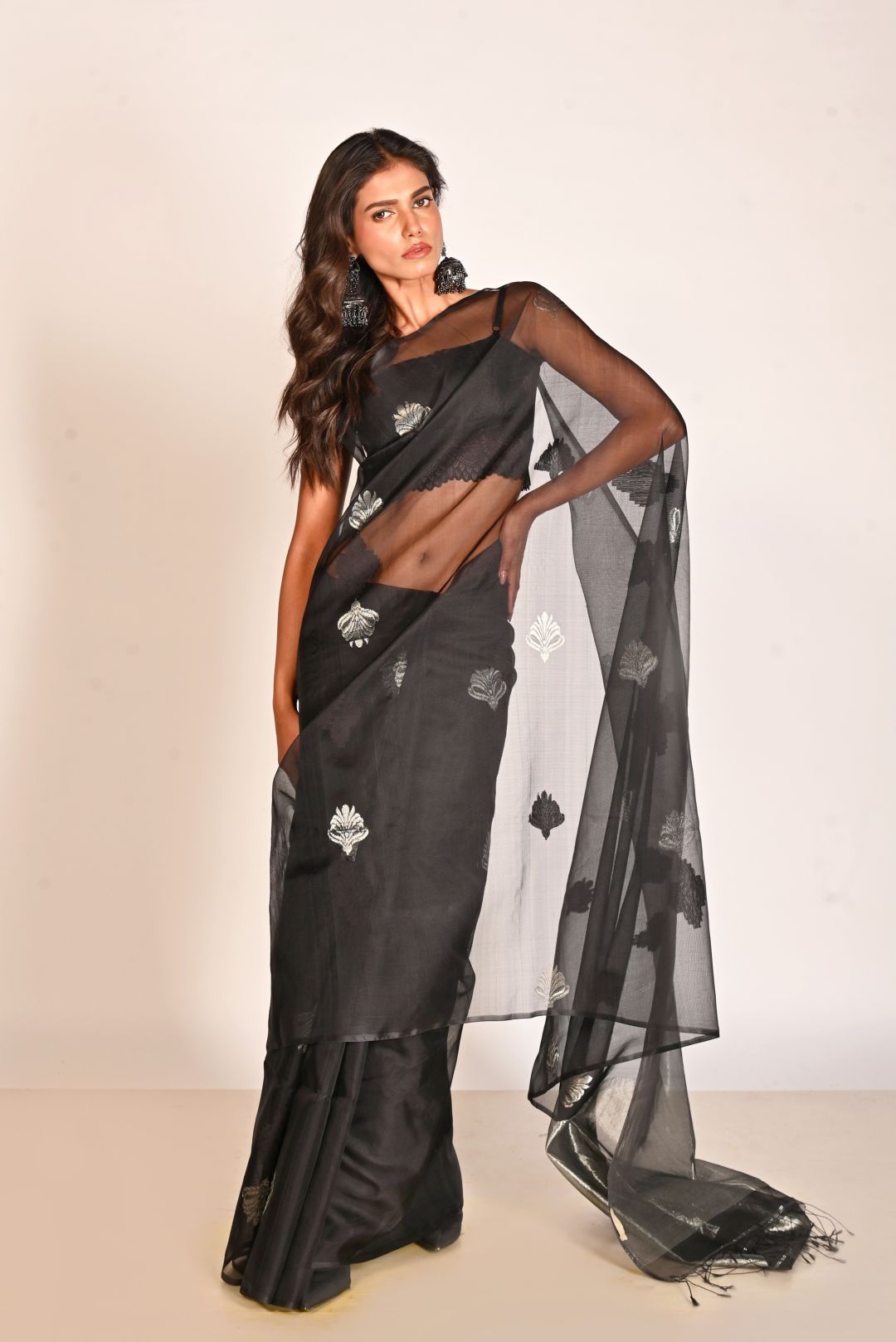 Black Pure Organza Silk Handloom  Saree