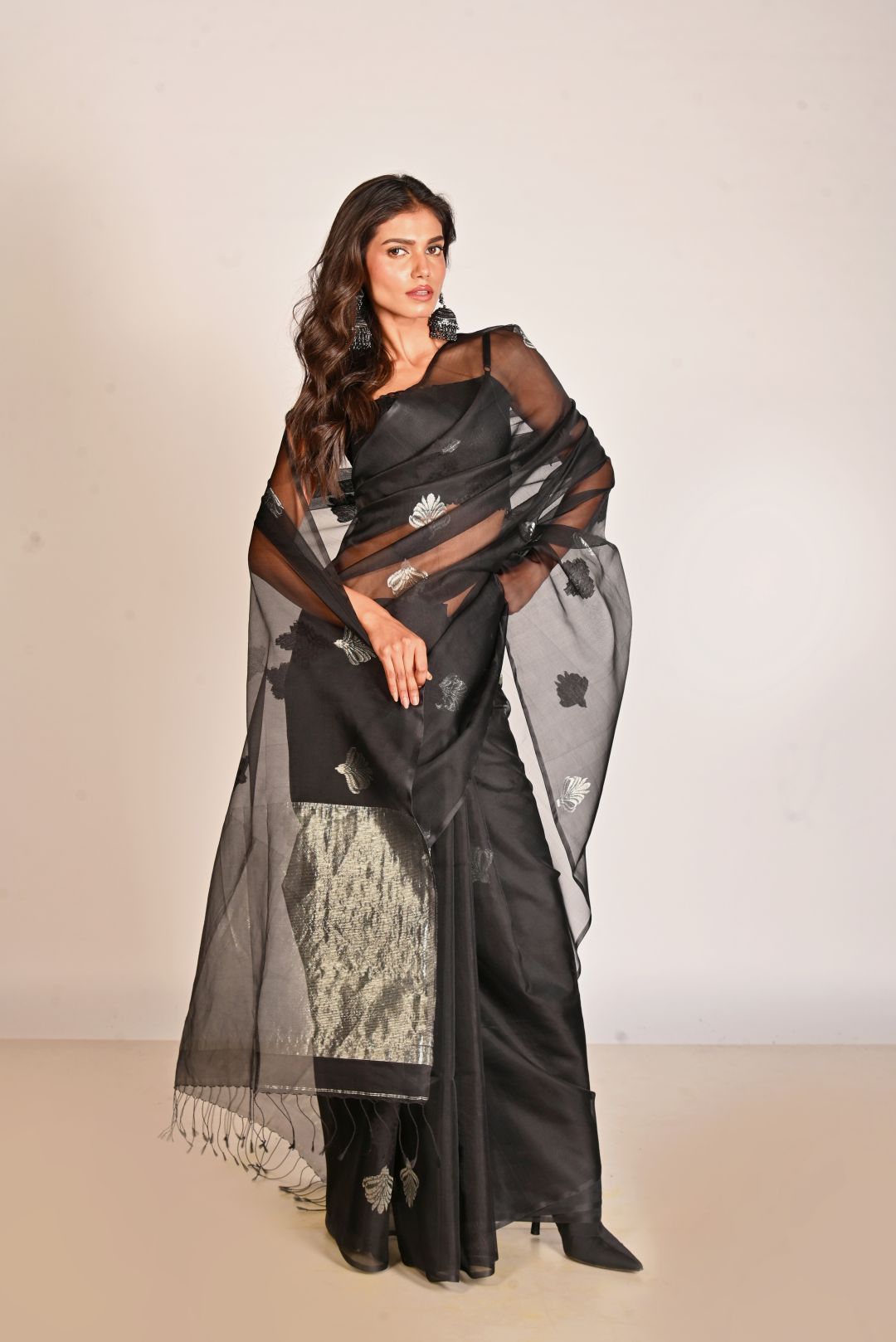 Black Pure Organza Silk Handloom  Saree