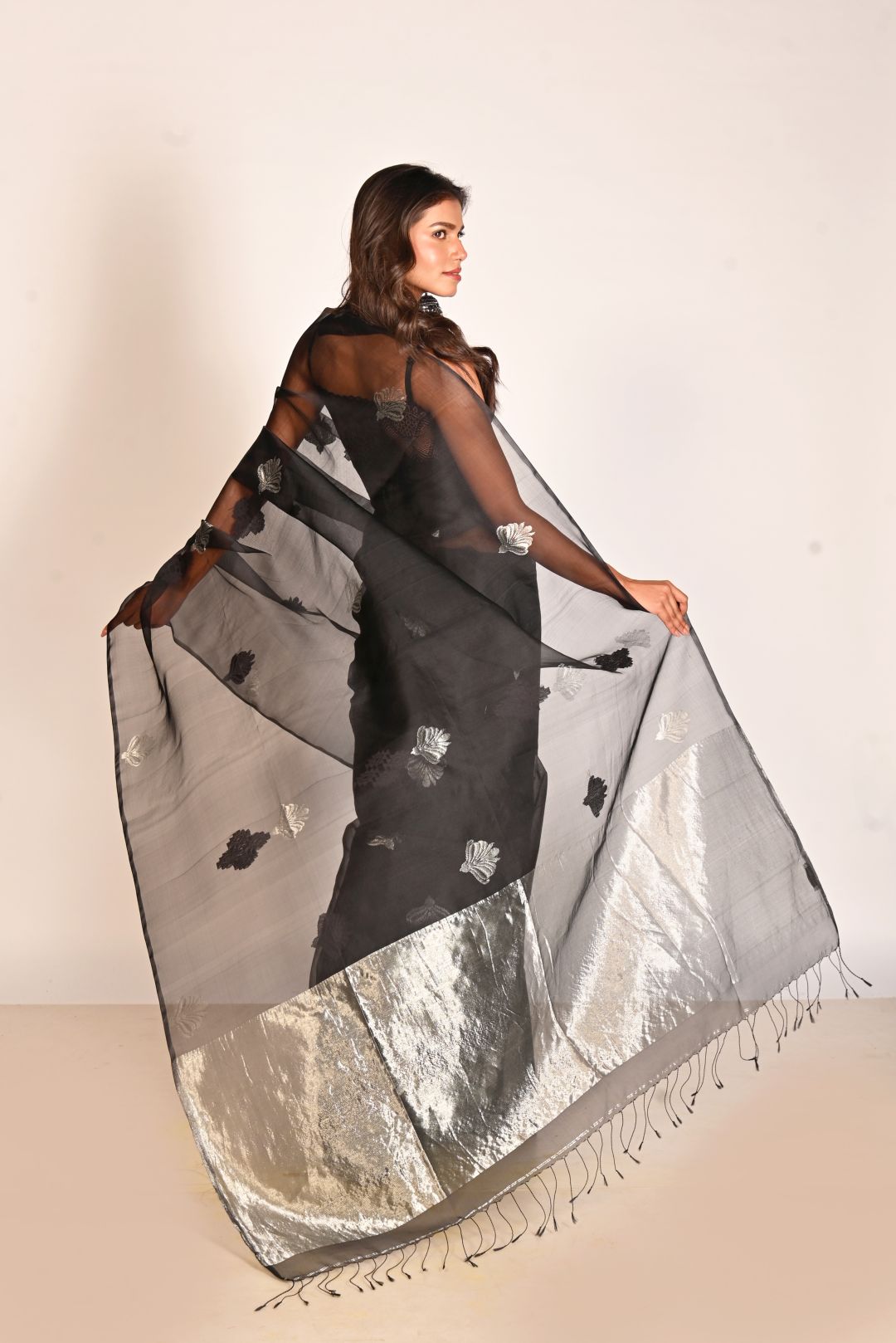 Black Pure Organza Silk Handloom  Saree