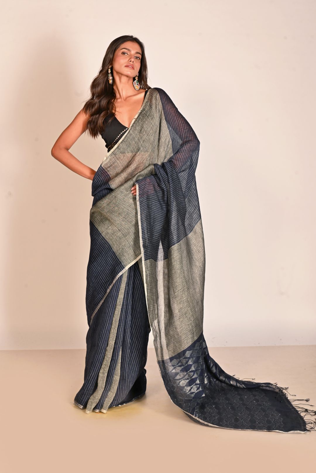 Blue Pure Linen Jamdani Handloom Saree