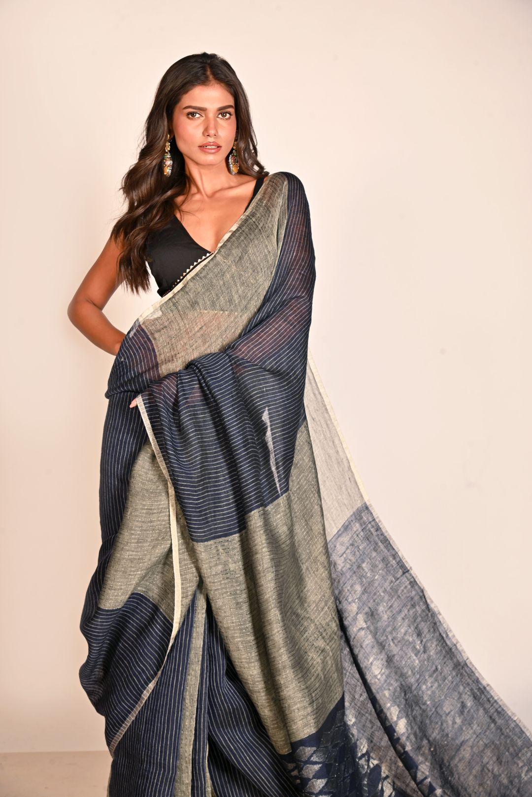 Blue Pure Linen Jamdani Handloom Saree