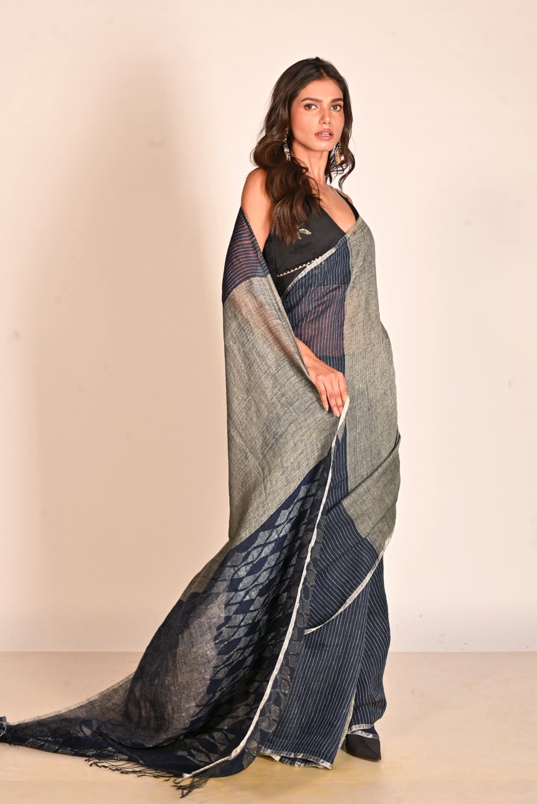 Blue Pure Linen Jamdani Handloom Saree