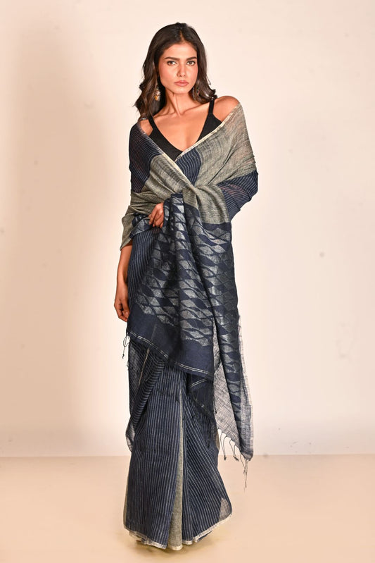 Blue Pure Linen Jamdani Handloom Saree