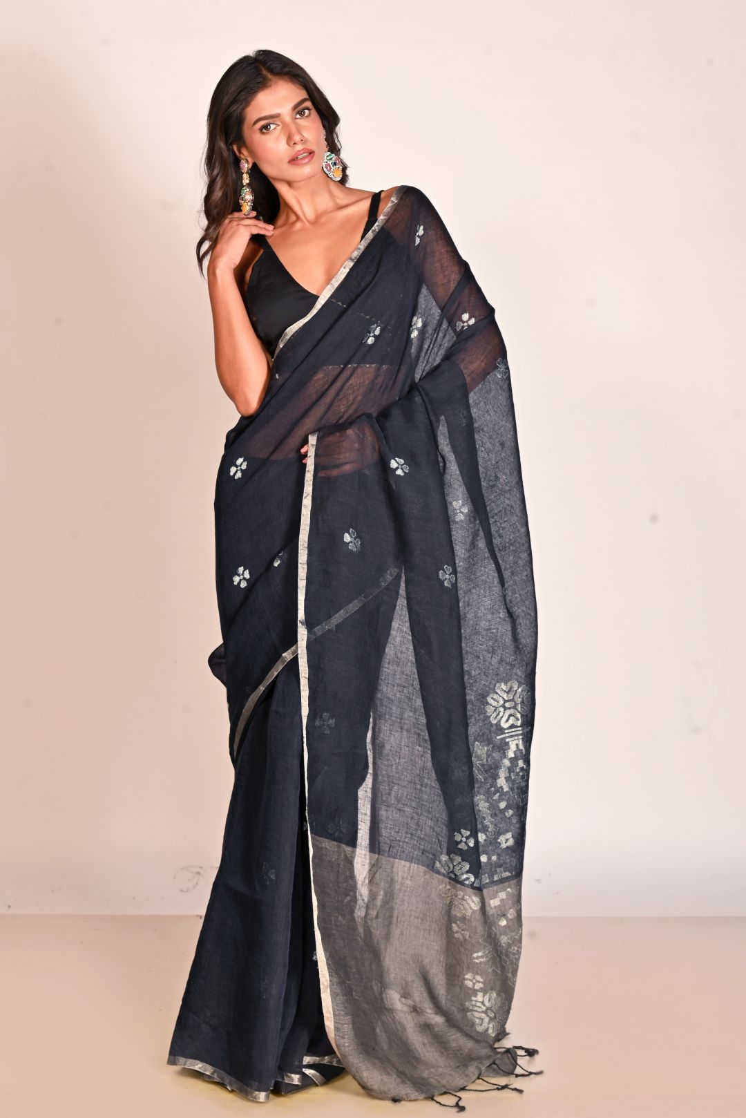 Blue Pure Linen Jamdani Handloom Saree