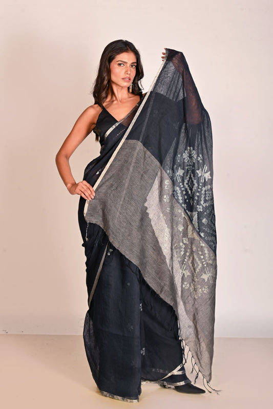 Blue Pure Linen Jamdani Handloom Saree