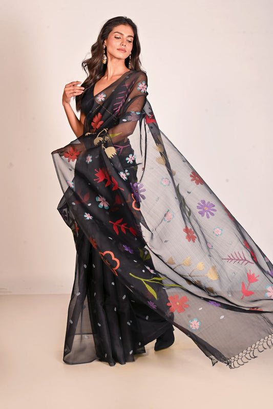 Black Pure Organza Jamdani Handloom Saree