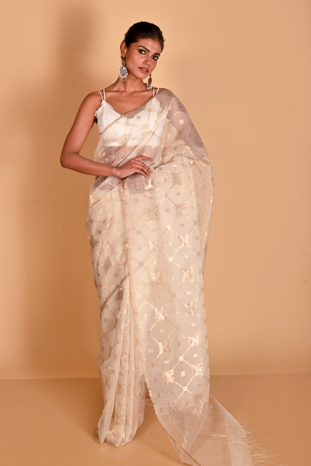 White Pure Organza Silk Handloom Saree