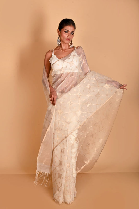 White Pure Organza Silk Handloom Saree