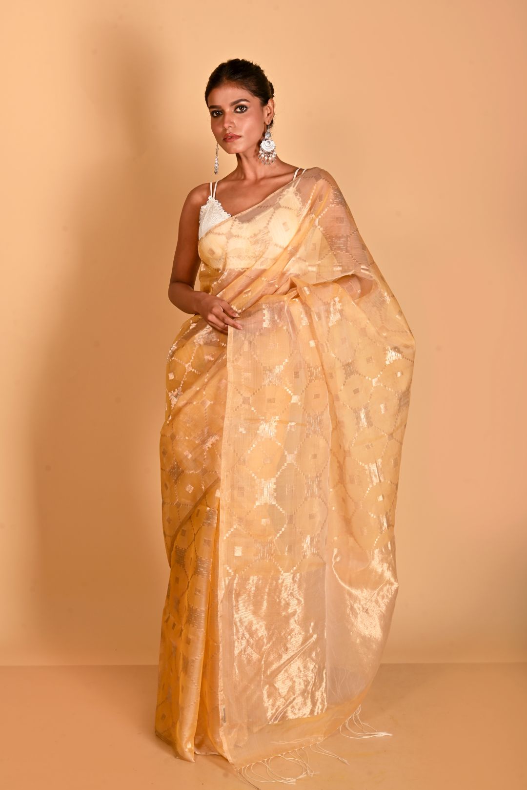 Golden Pure Organza Silk Handloom Saree