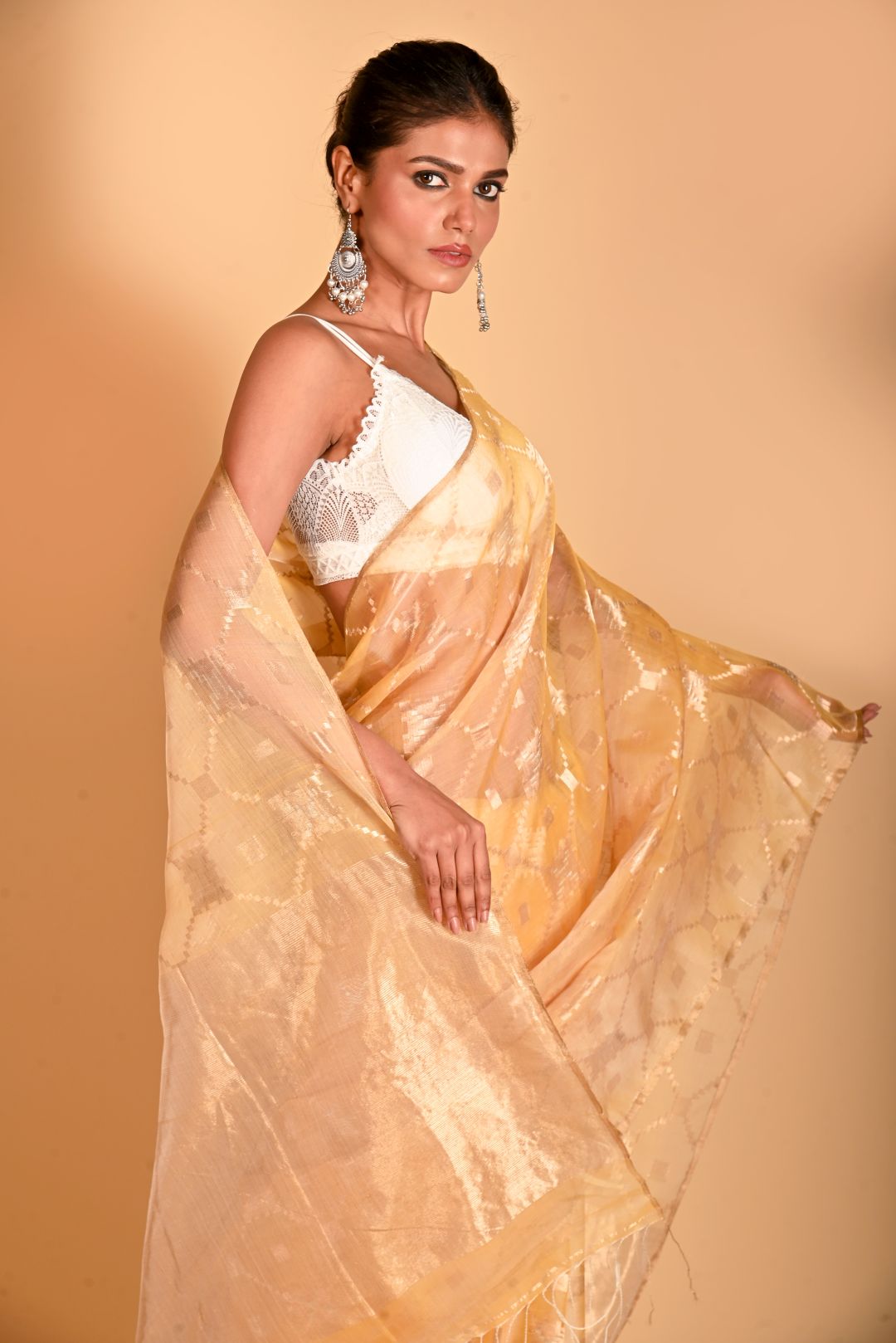 Golden Pure Organza Silk Handloom Saree