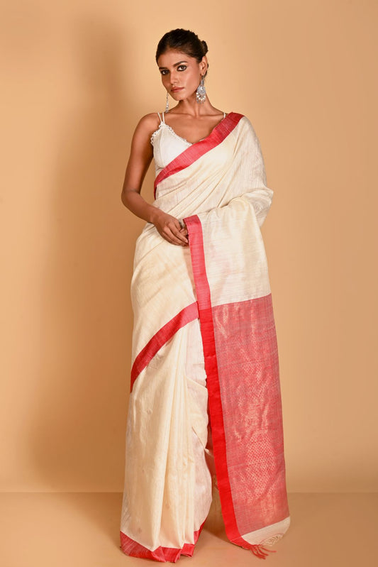 White Pure Tussar Silk Handloom Saree