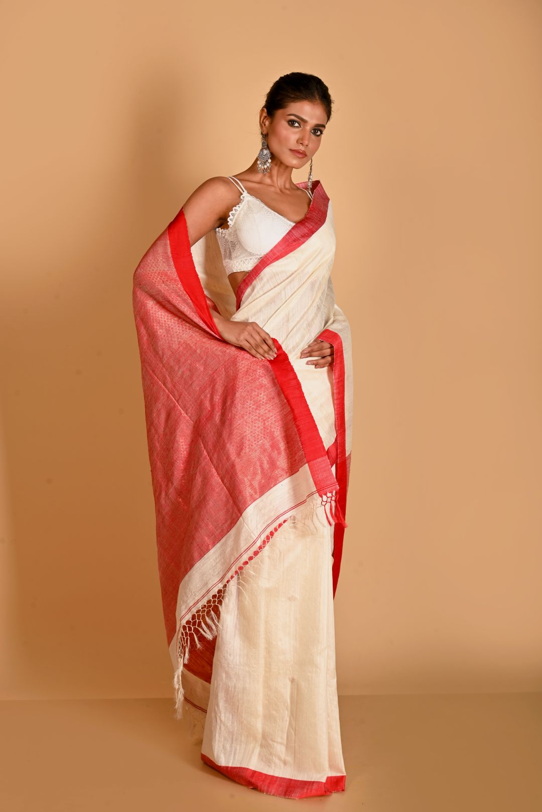 White Pure Tussar Silk Handloom Saree