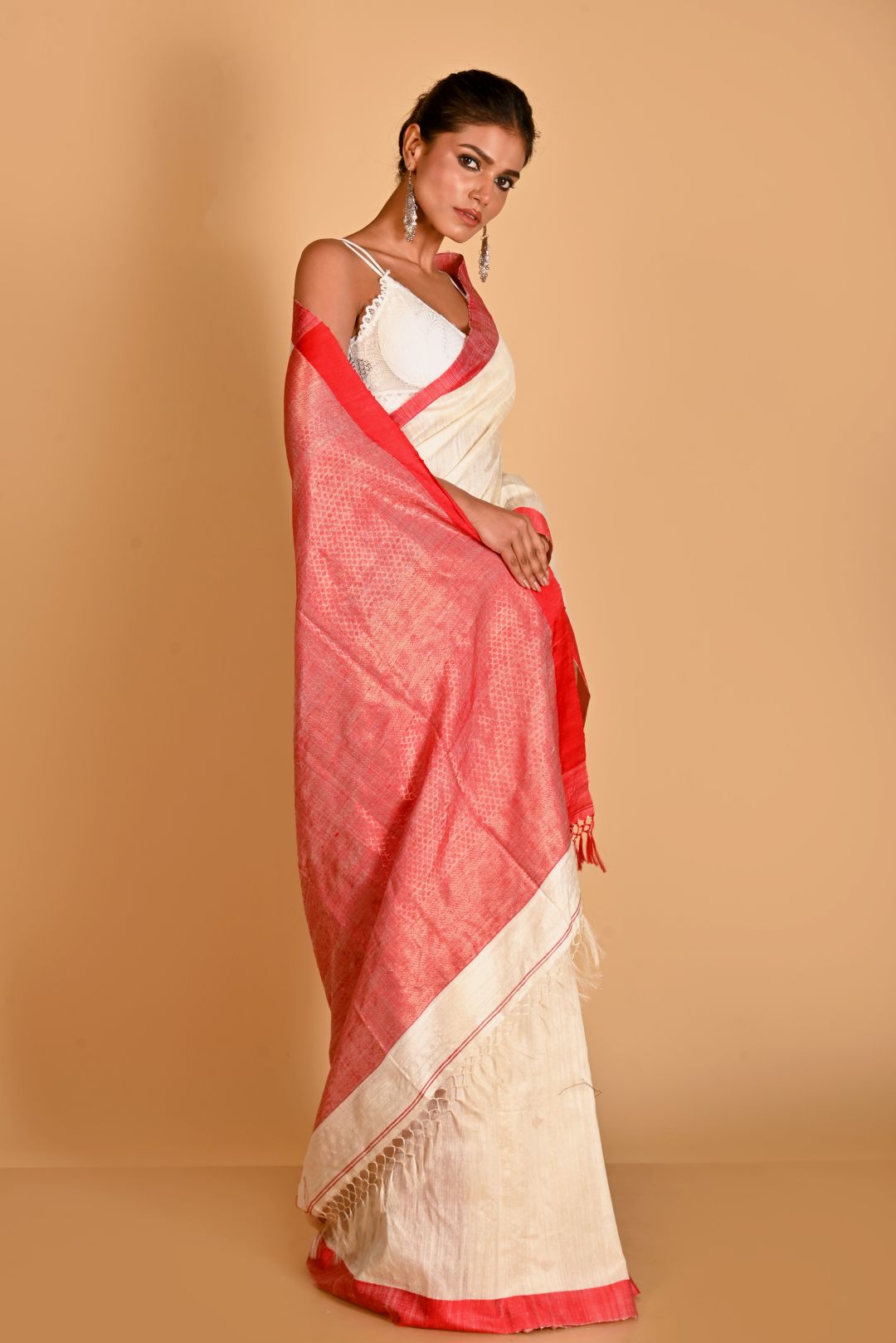 White Pure Tussar Silk Handloom Saree