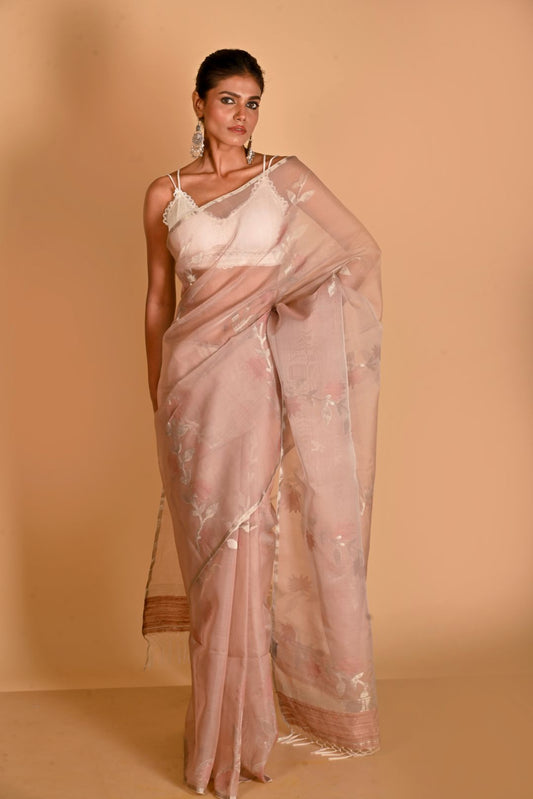 Pink Pure Organza Silk Jamdani Handloom Saree