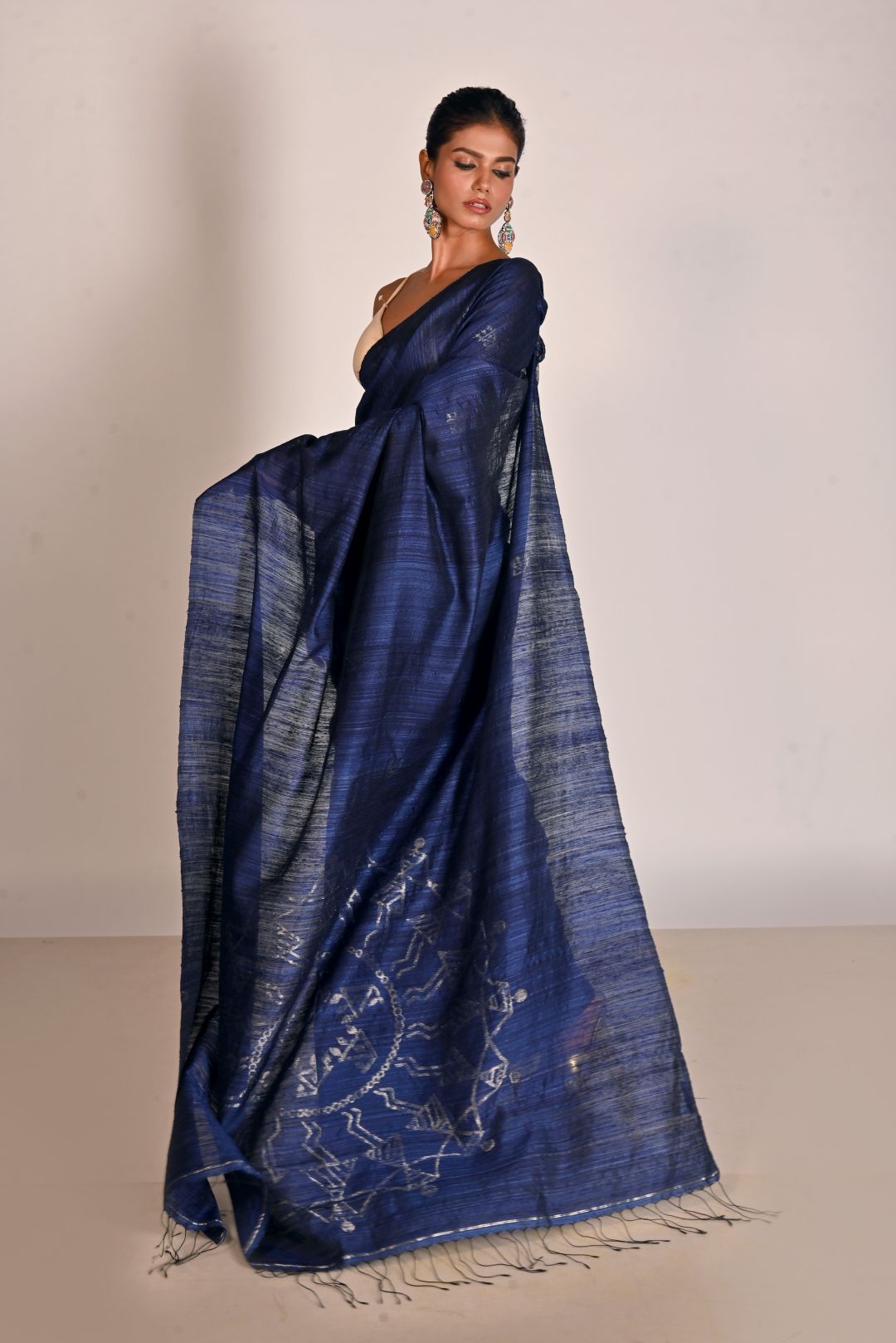 Indigo Pure Matka Silk Jamdani Handloom Saree