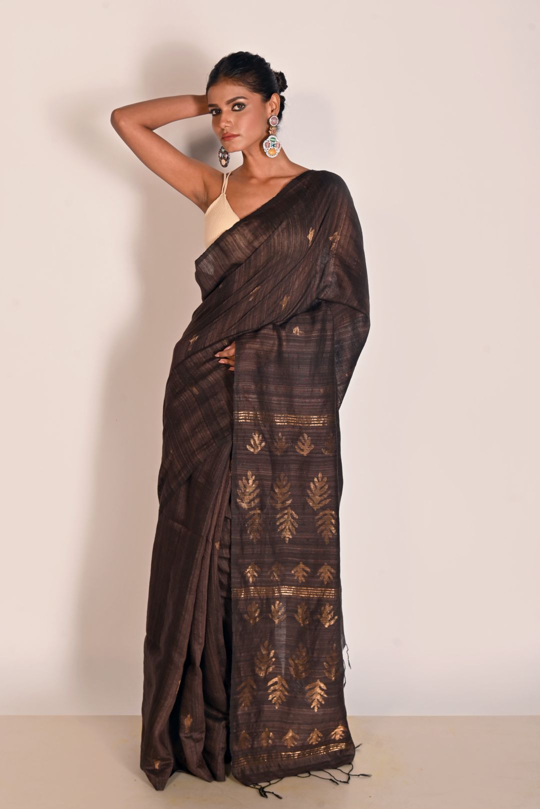 Brown Pure Matka Silk Jamdani Handloom Saree