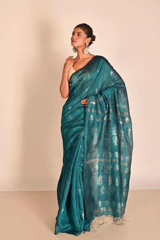 Teal Pure Matka Silk Jamdani Handloom Saree