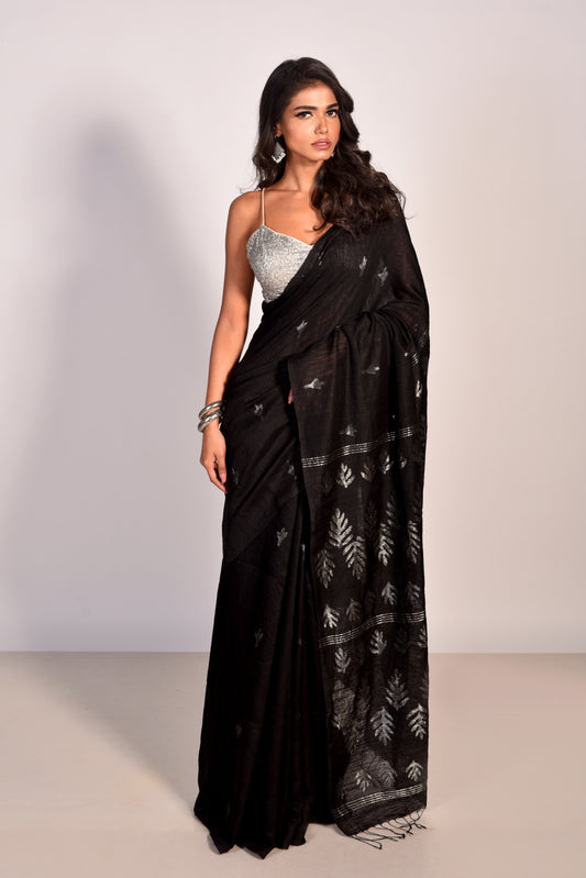 Black Pure Matka Silk Jamdani Handloom Saree