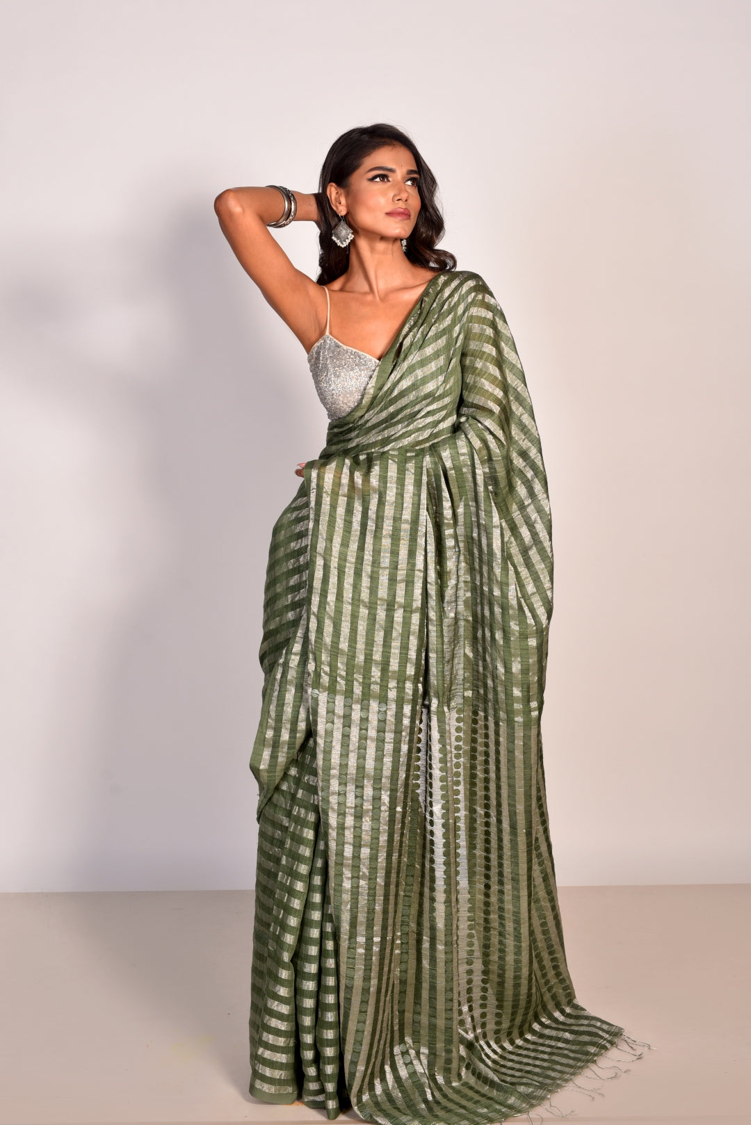 Green Pure Matka Tissue Sequin Handloom Saree