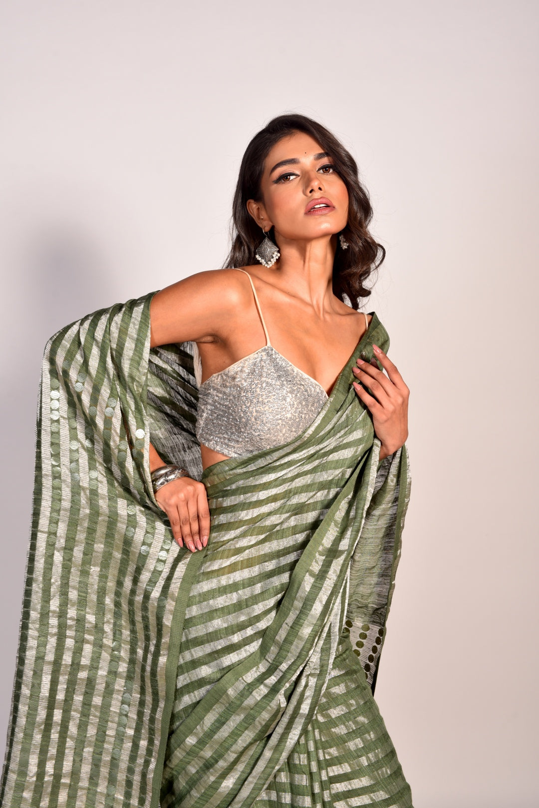 Green Pure Matka Tissue Sequin Handloom Saree