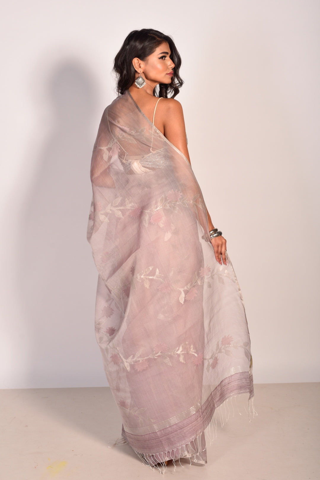 Mauve Pure Organza Silk Jamdani Handloom Saree