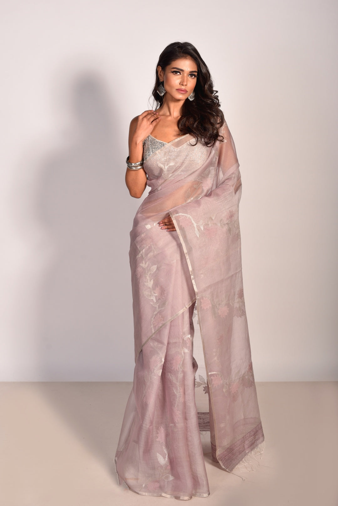 Mauve Pure Organza Silk Jamdani Handloom Saree