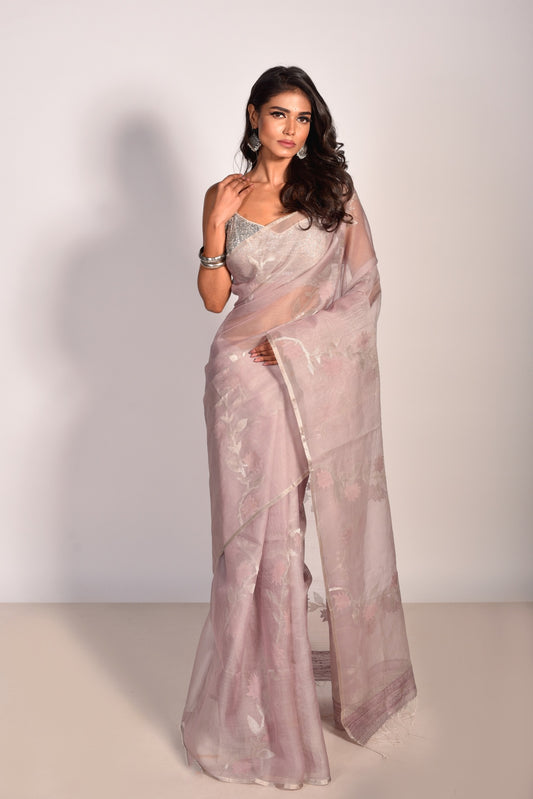 Mauve Pure Organza Silk Jamdani Handloom Saree