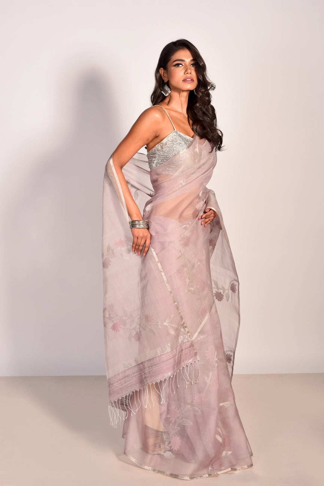 Mauve Pure Organza Silk Jamdani Handloom Saree