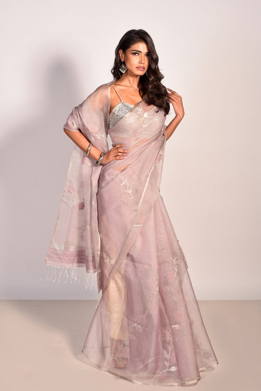 Mauve Pure Organza Silk Jamdani Handloom Saree