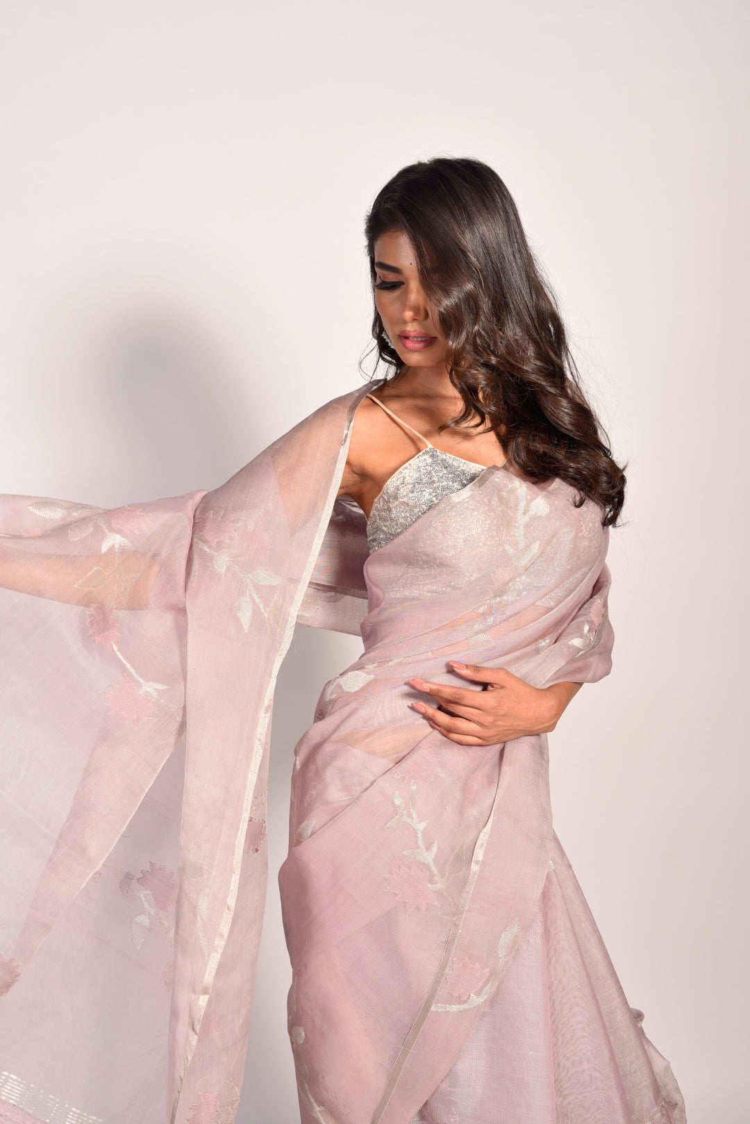 Mauve Pure Organza Silk Jamdani Handloom Saree