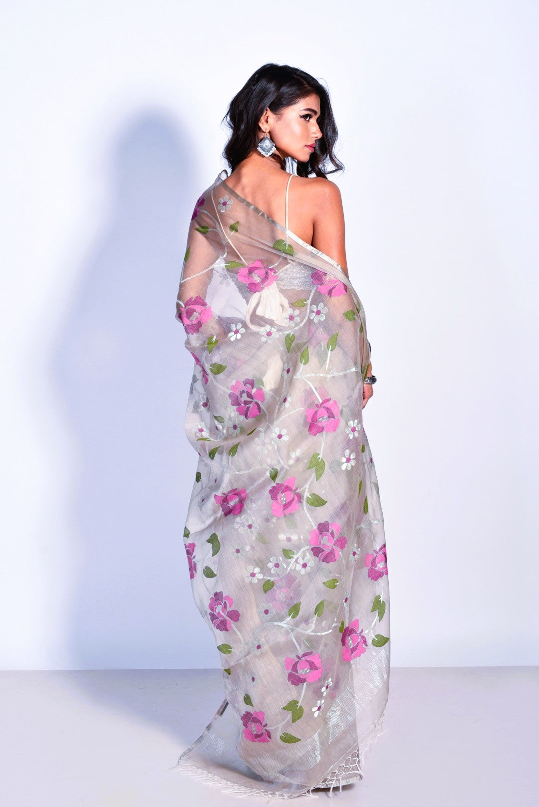 Grey Pure Organza Silk Jamdani Handloom Saree