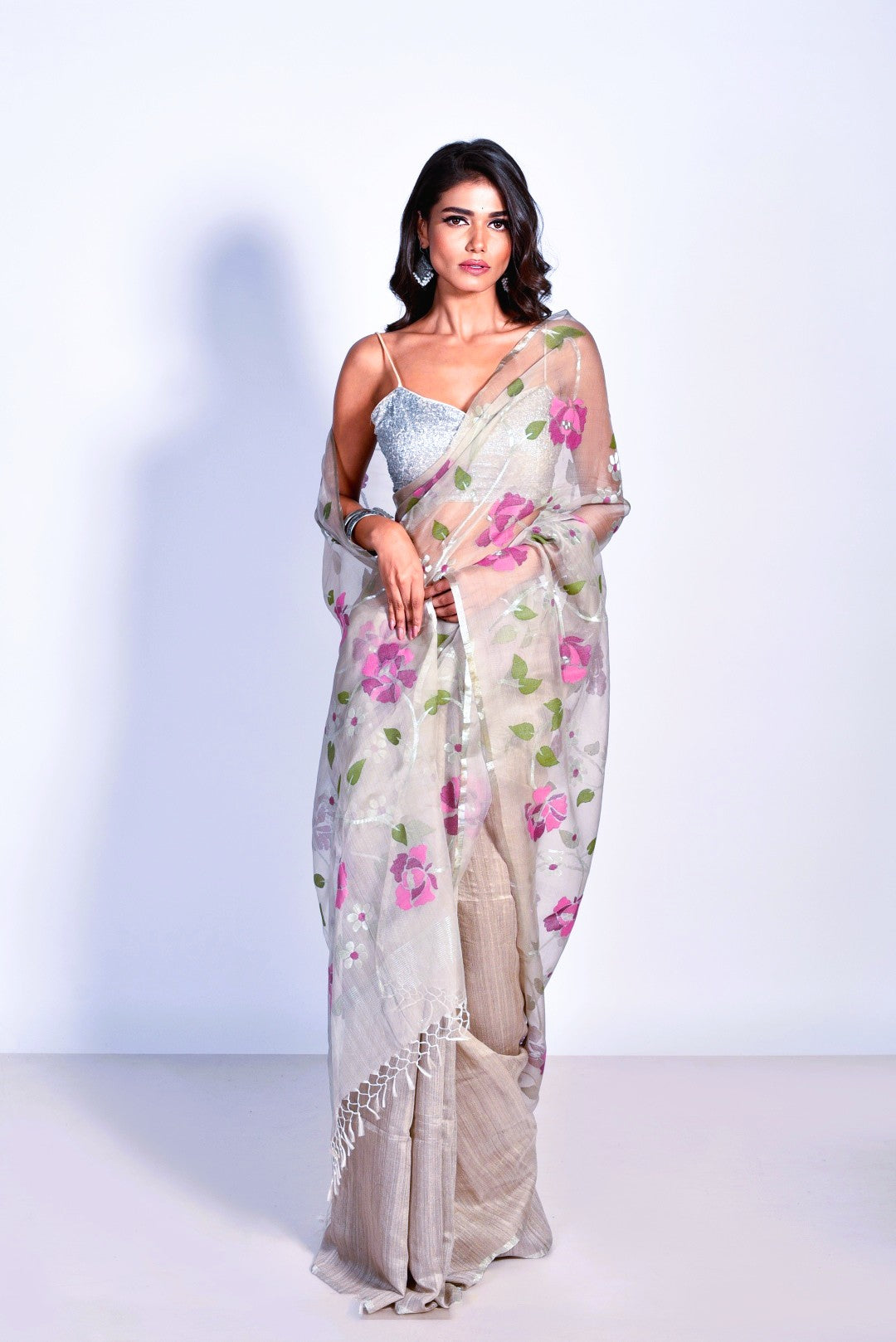 Grey Pure Organza Silk Jamdani Handloom Saree