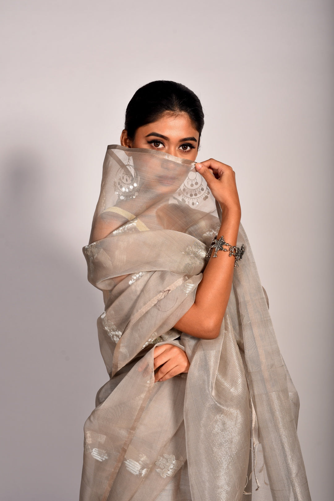 Grey Pure Organza Handloom Saree