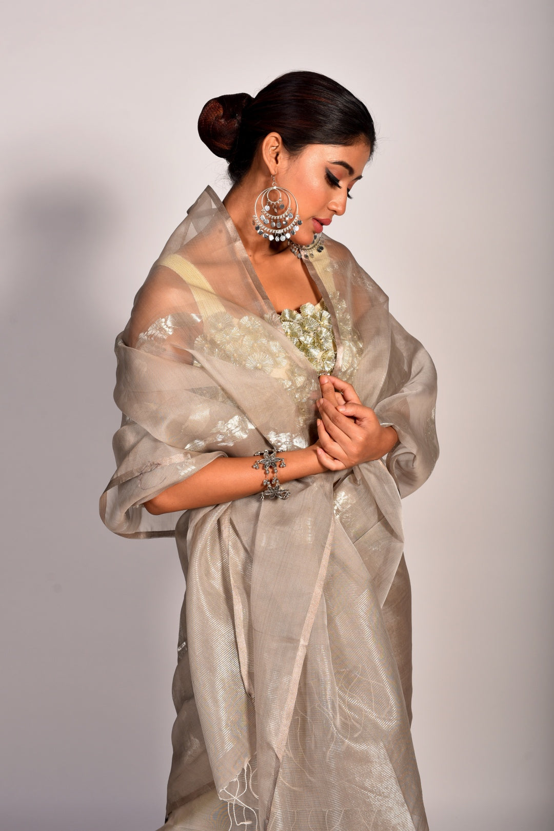 Grey Pure Organza Handloom Saree