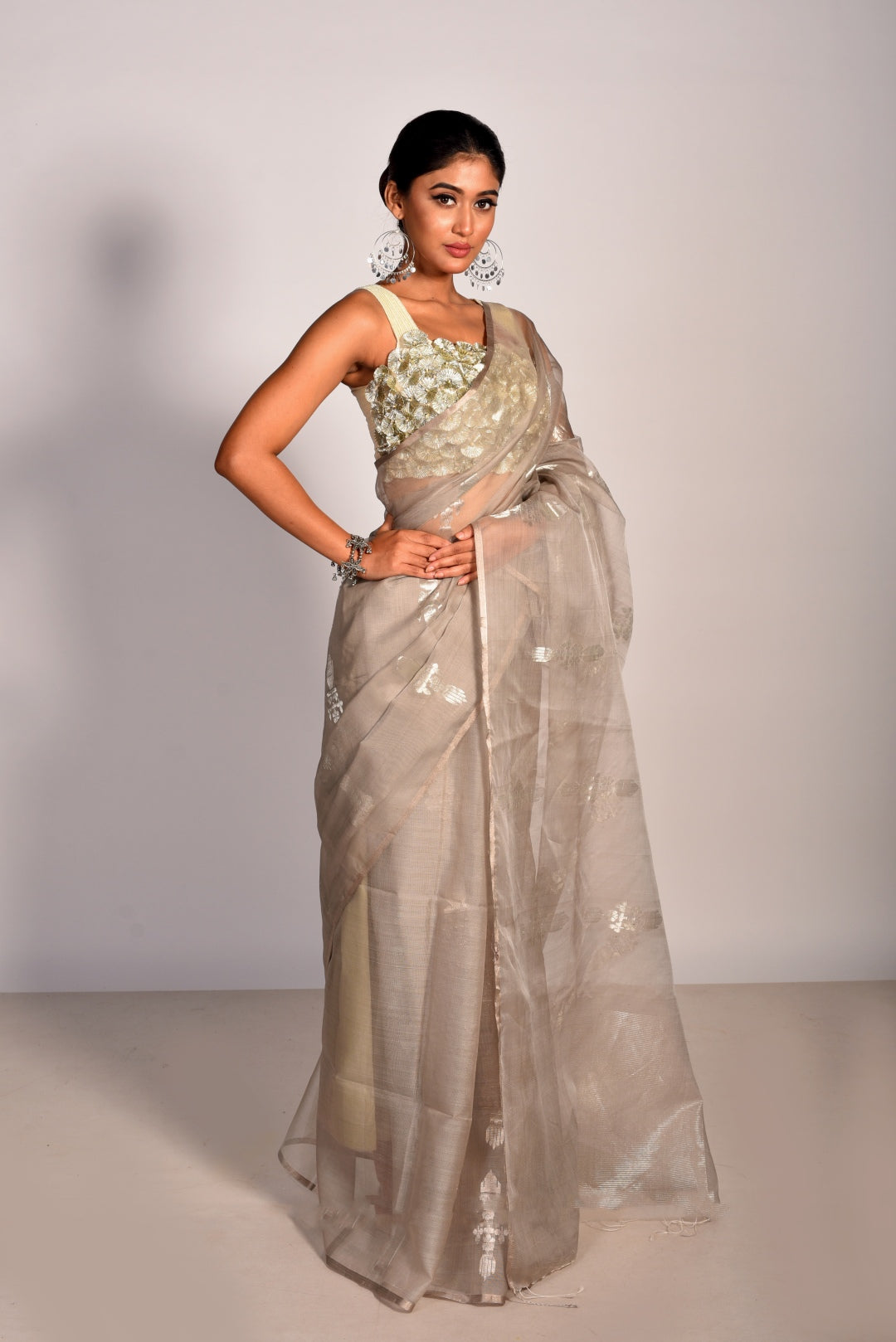 Grey Pure Organza Handloom Saree