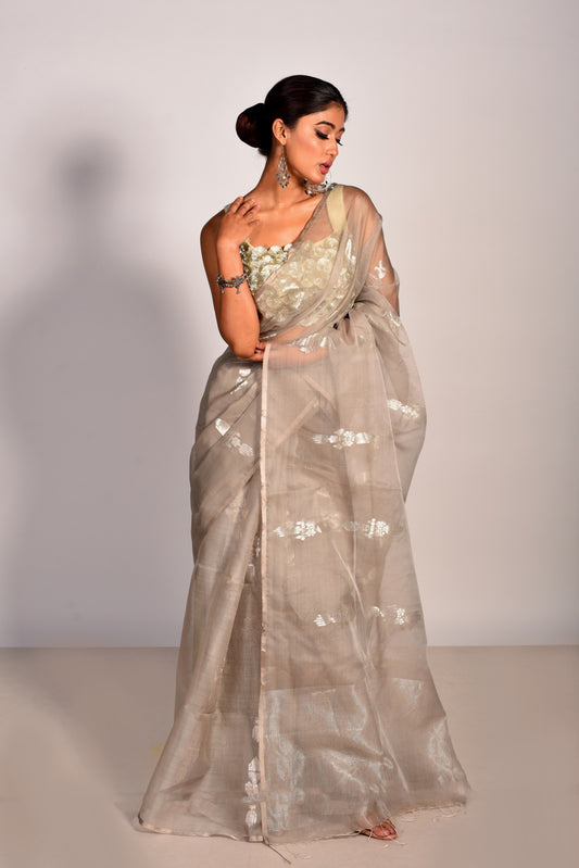 Grey Pure Organza Handloom Saree