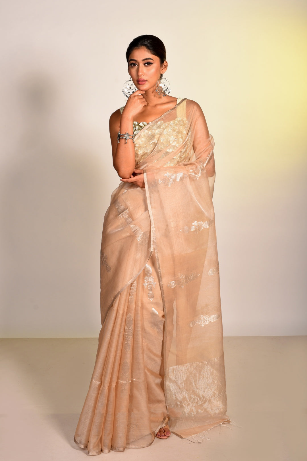 Beige Pure Organza Handloom Saree