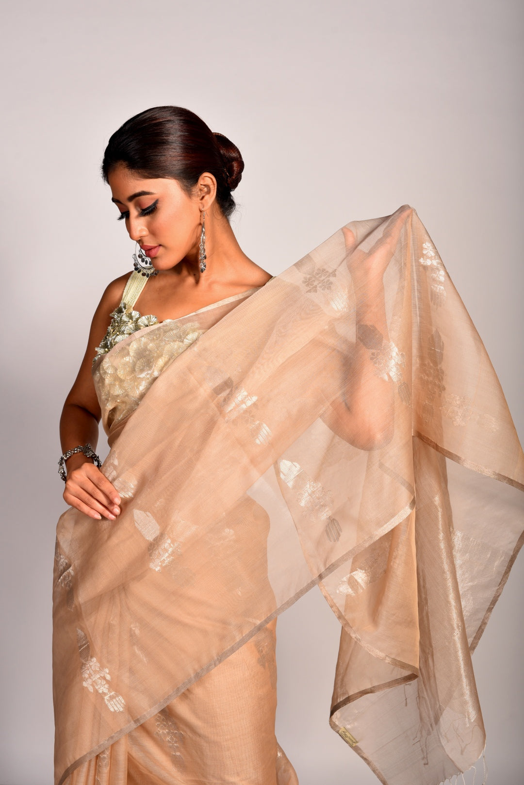 Beige Pure Organza Handloom Saree