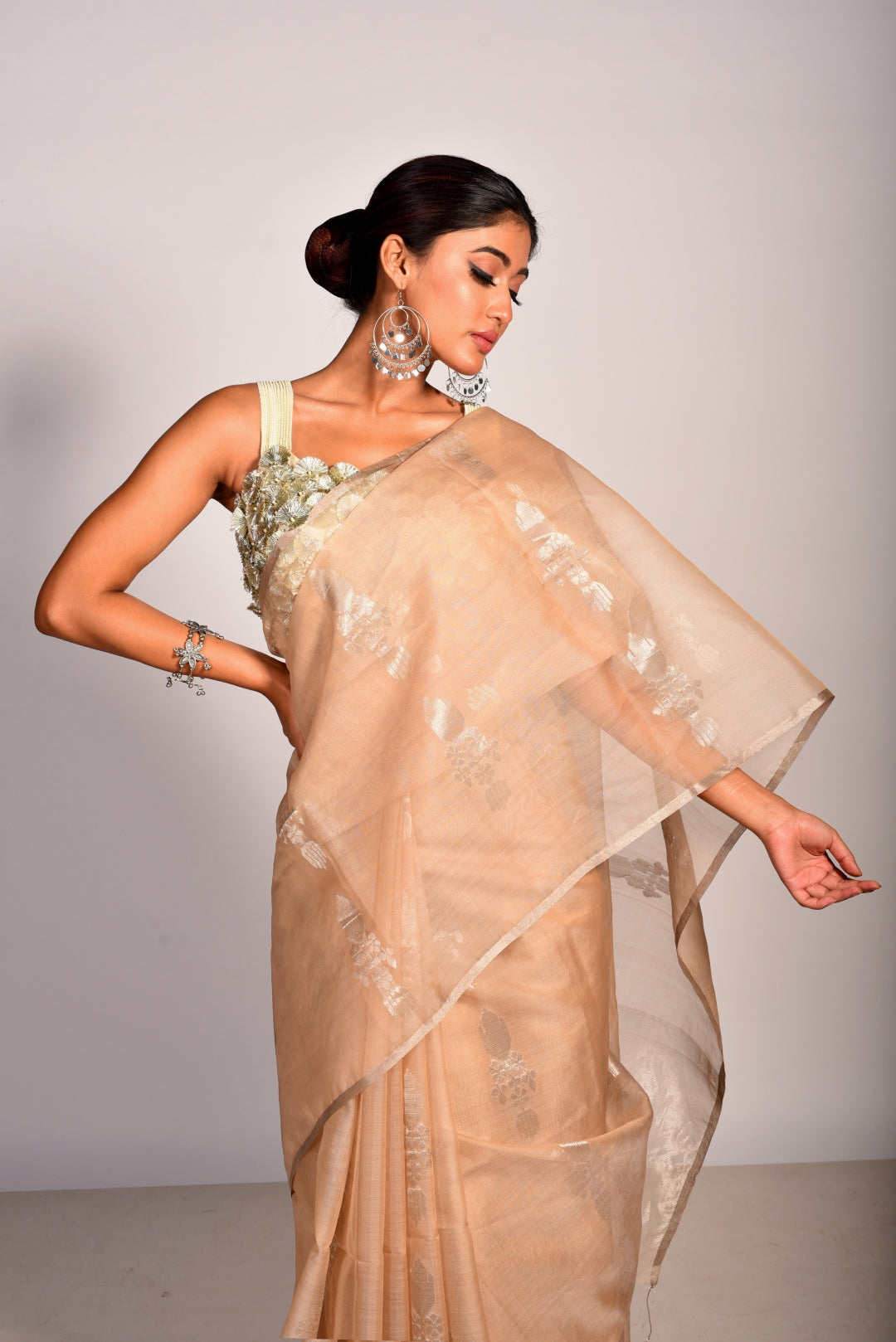 Beige Pure Organza Handloom Saree