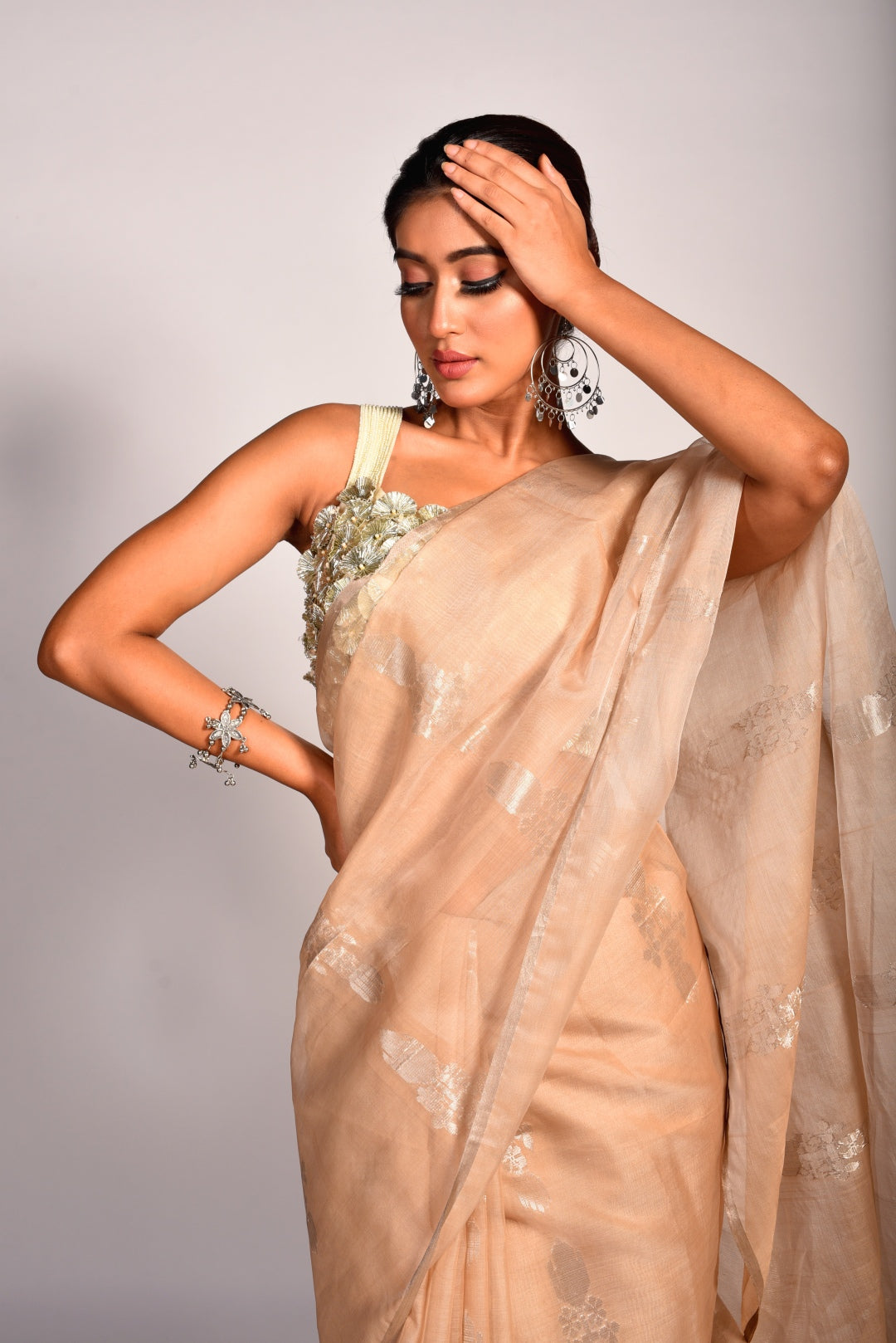 Beige Pure Organza Handloom Saree