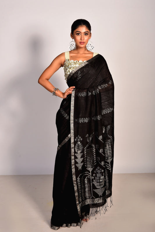 Black Pure Matka Silk Jamdani Handloom Saree