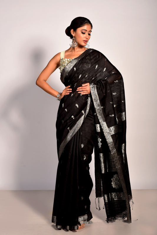 Black Pure Matka Silk Banarasi Handloom Saree