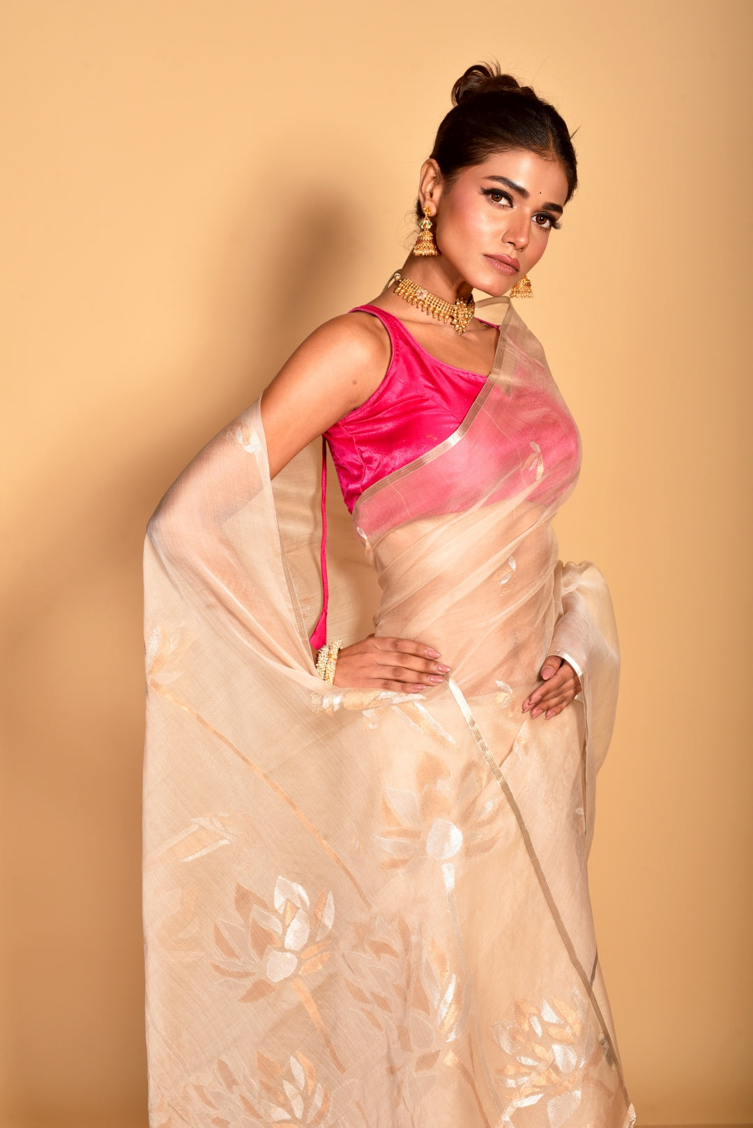 Beige Pure Organza Silk Jamdani Handloom Saree