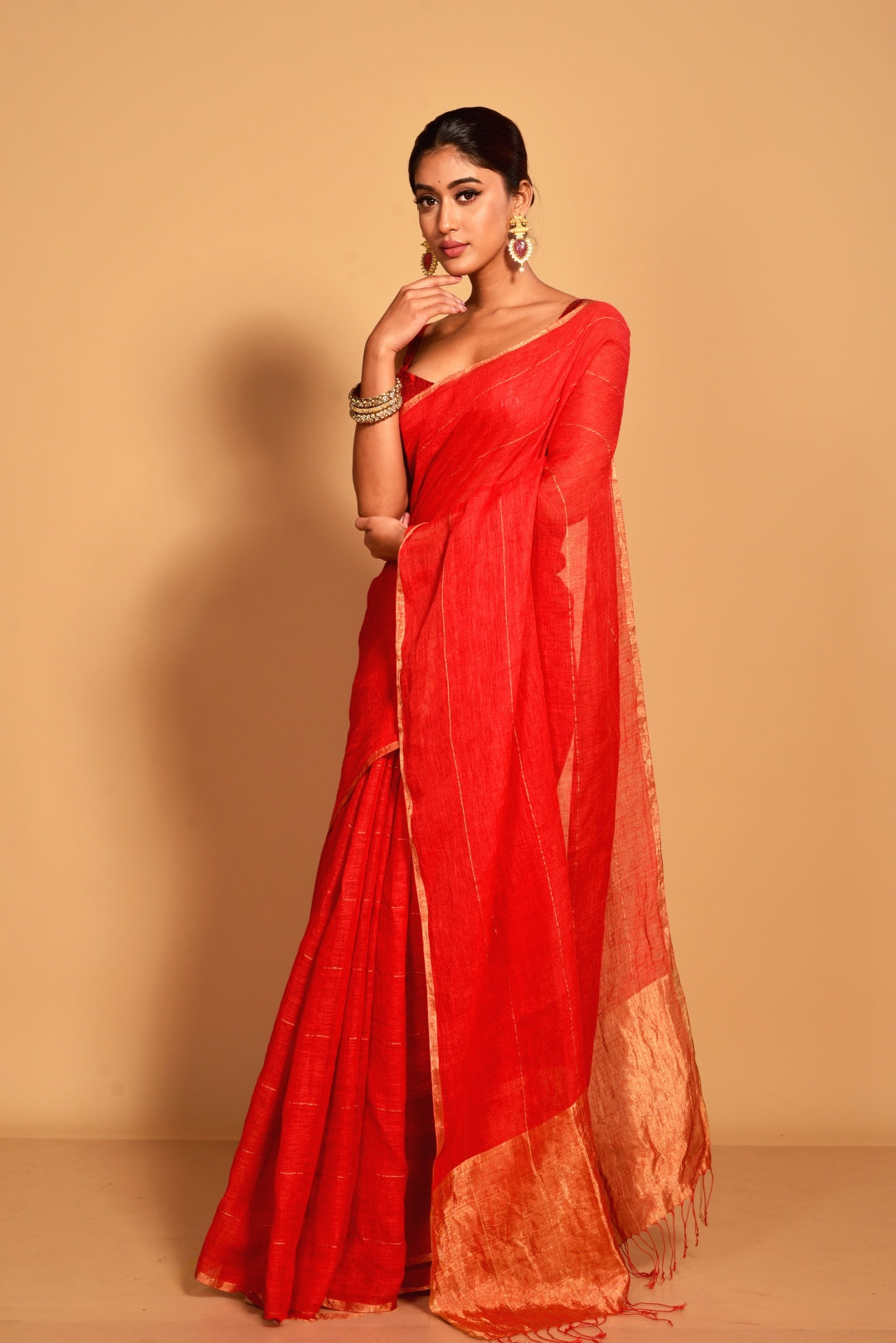 Red Pure Linen Handloom Saree